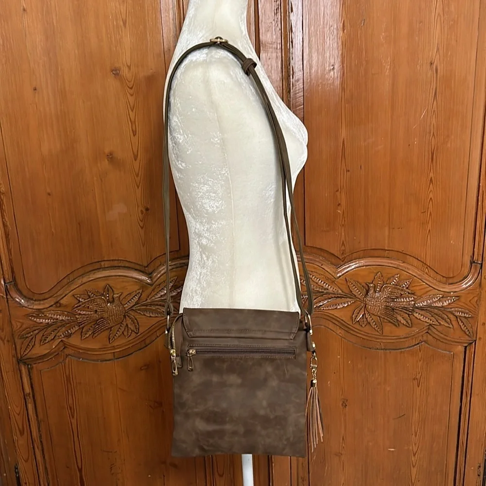 Faux Suede Crossbody bag with Open Pockets and Zip Closure Pockets